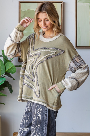 Star Patchwork Sweatshirt- Olive